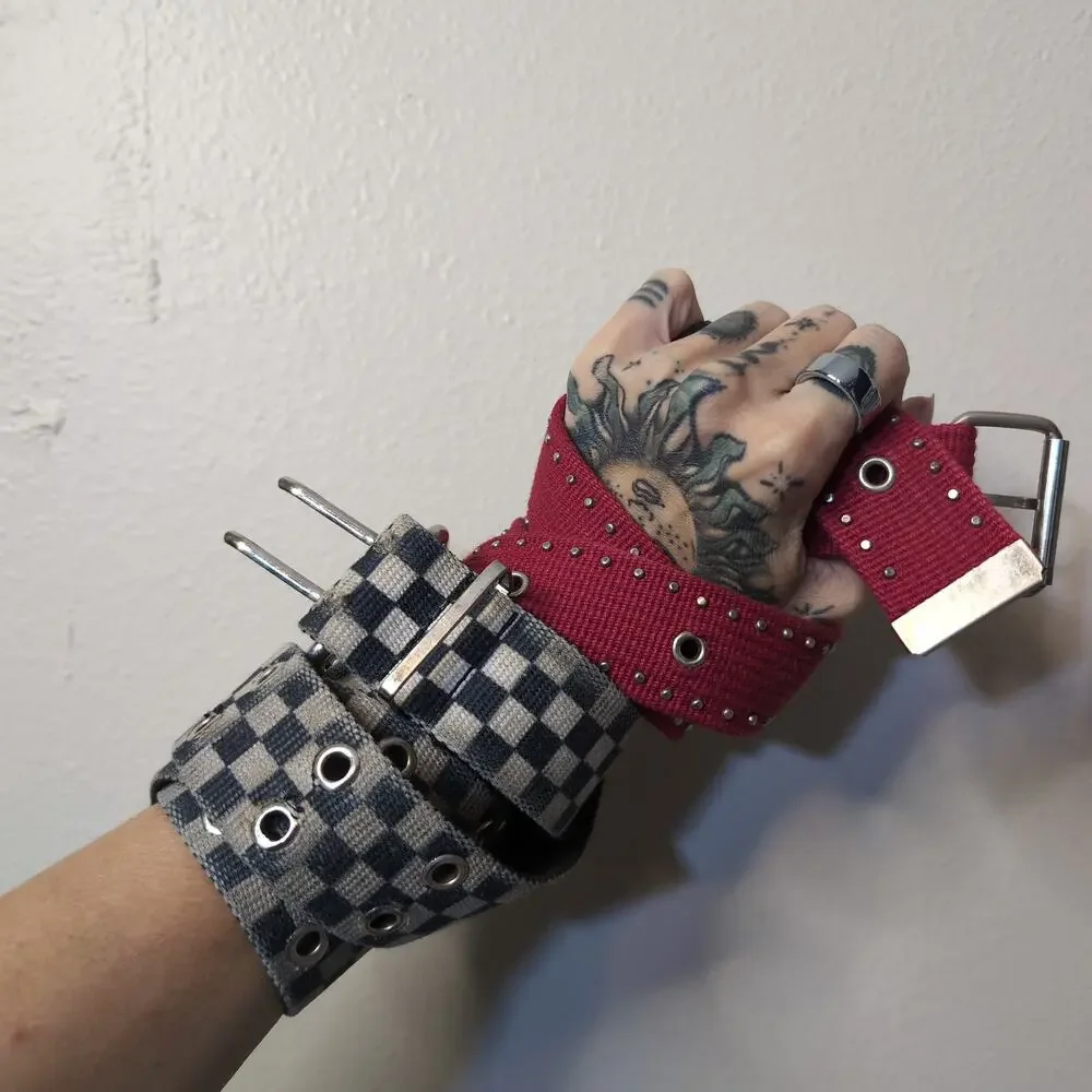 Red Studded and Checkered Grommet Belts Punk